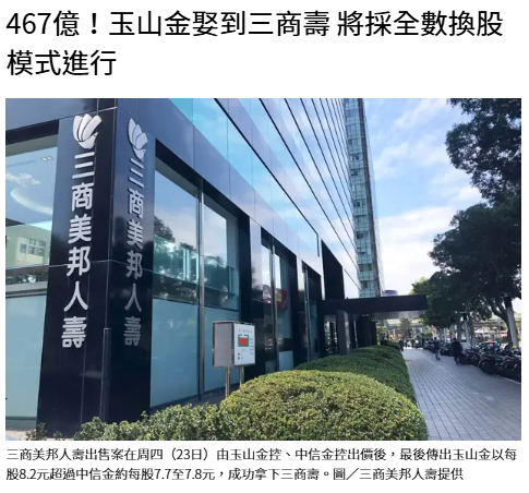  467億！玉山金娶到三商壽 將採全數換股模式進行 