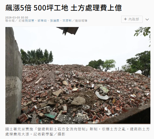 飆漲5倍 500坪工地 土方處理費上億