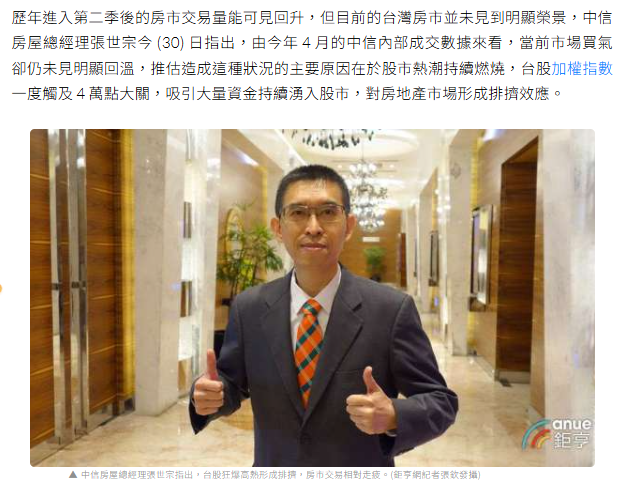  〈房產〉中信房屋張世宗：台股狂爆高熱形成排擠 房市交易相對走疲 