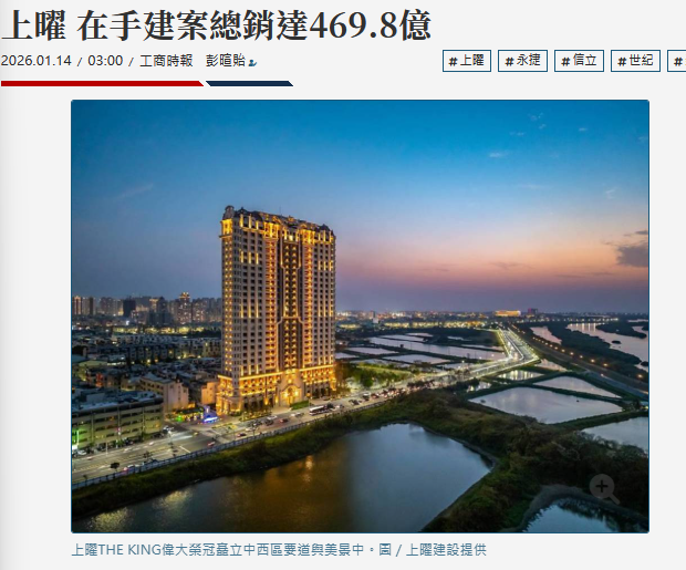 上曜 在手建案總銷達469.8億