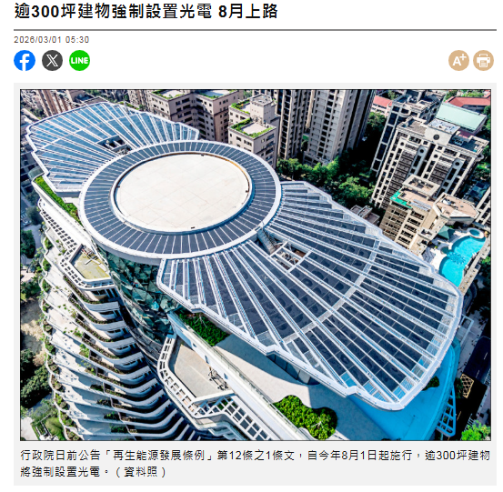 逾300坪建物強制設置光電 8月上路