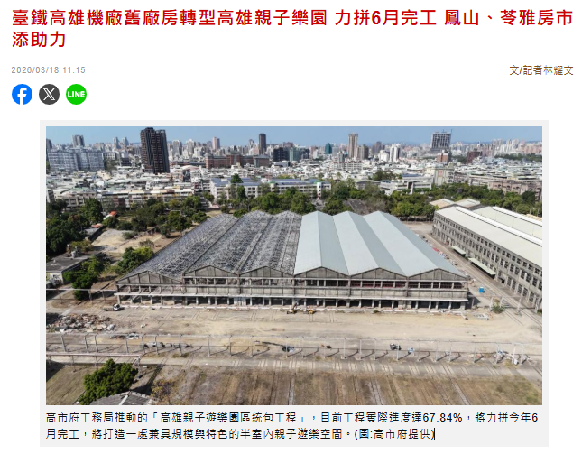 臺鐵高雄機廠舊廠房轉型高雄親子樂園 力拼6月完工 鳳山、苓雅房市添助力
