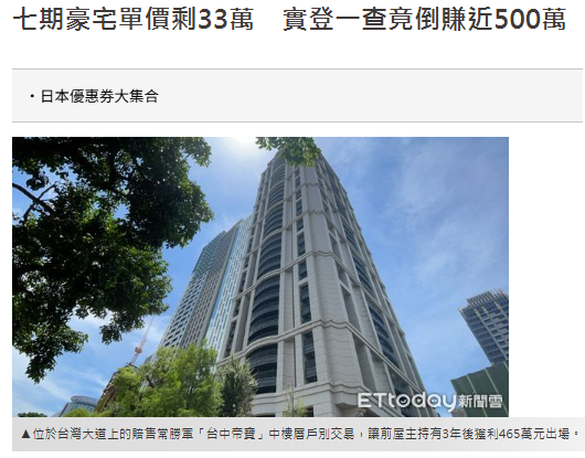 七期豪宅單價剩33萬　實登一查竟倒賺近500萬