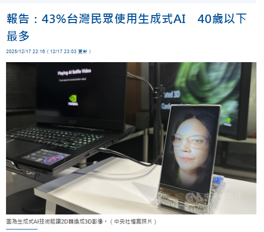 報告：43%台灣民眾使用生成式AI　40歲以下最多