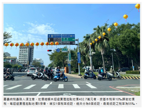 嘉義人省稅看過來 嘉市今年累進起點地價調高至402.7萬 6級距稅率可差5倍