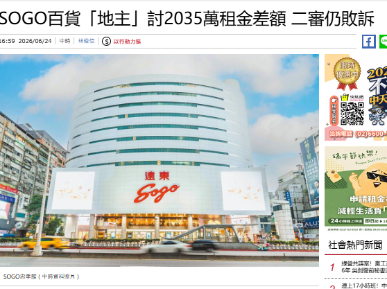  SOGO百貨「地主」討2035萬租金差額 二審仍敗訴 