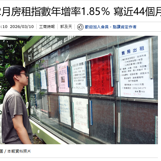 2月房租指數年增率1.85％ 寫近4...