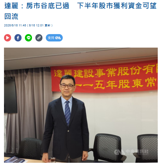 首頁 / 產經 達麗：房市谷底已過　下半年股市獲利資金可望回流