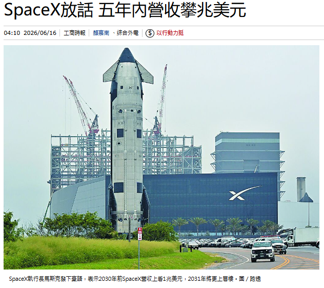 SpaceX放話 五年內營收攀兆美元